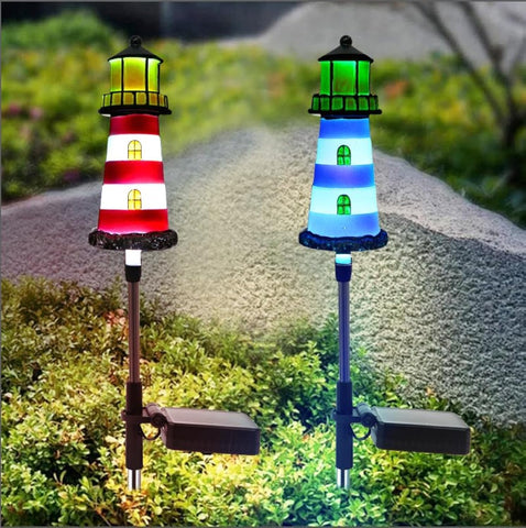 BEIDOULU Lighthouse solar light garden illuminates pathways at night.