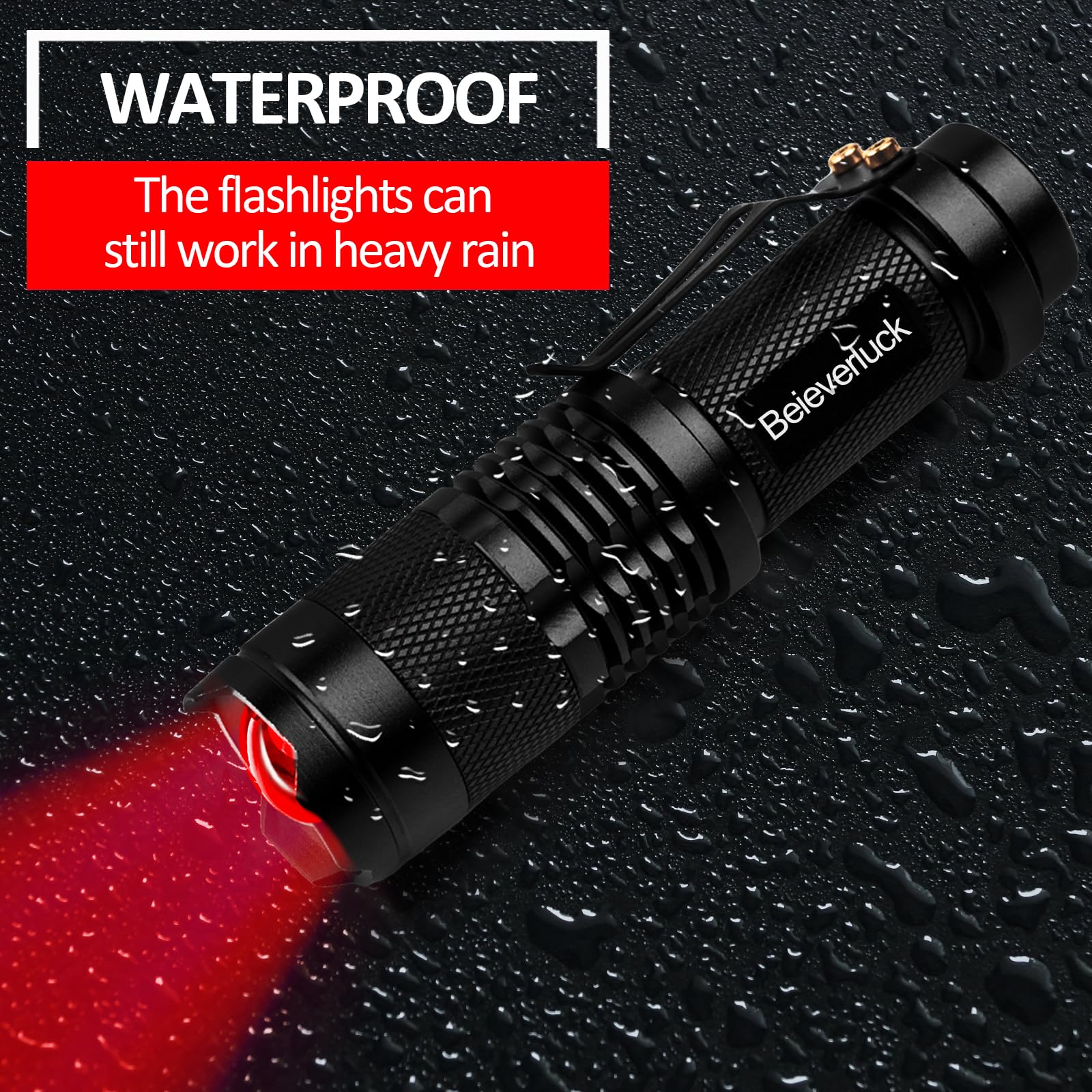 Beieverluck compact 3.6-inch red flashlight fits in hand.