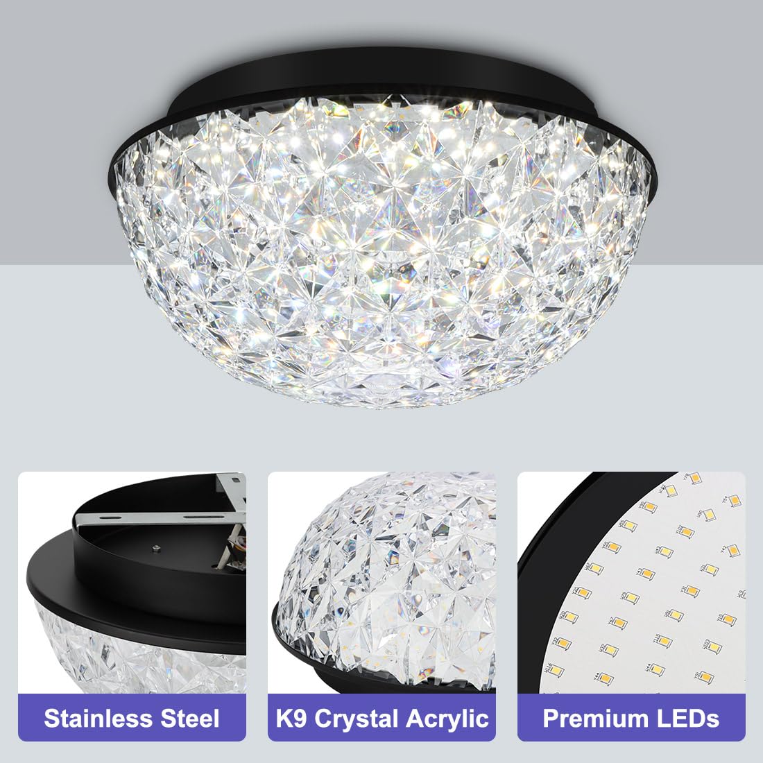 Bekada LED flush mount dining light highlights clear crystals for task lighting.