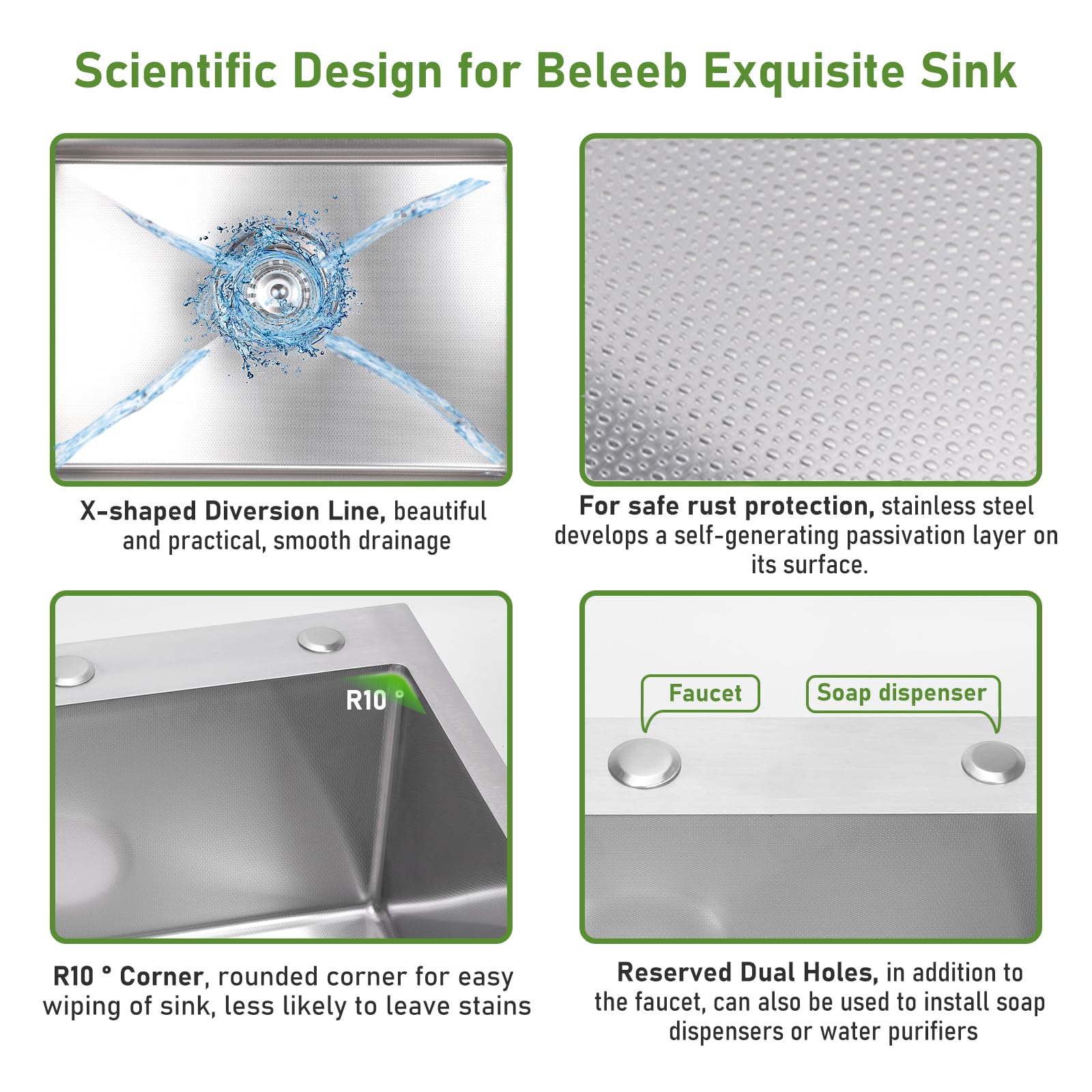 Beleeb Drop-In Sink 33x22 bowl depth 9-inch offers deep basin for soaking.