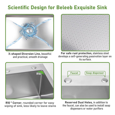Beleeb Drop-In Sink 33x22 bowl depth 9-inch offers deep basin for soaking.
