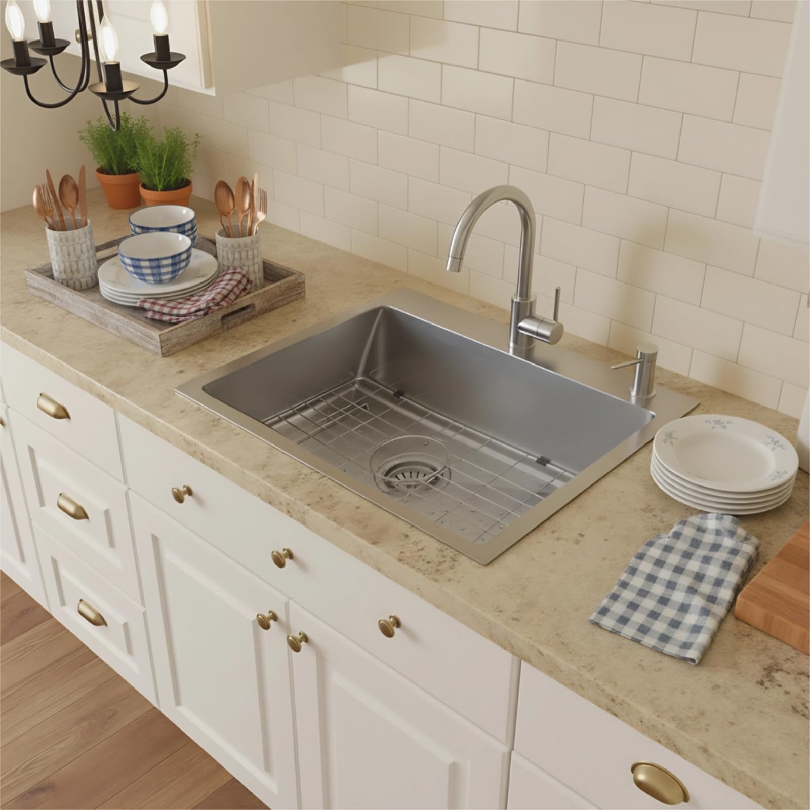 Beleeb Drop-In Sink 33x22 includes drying rack and drain assembly.