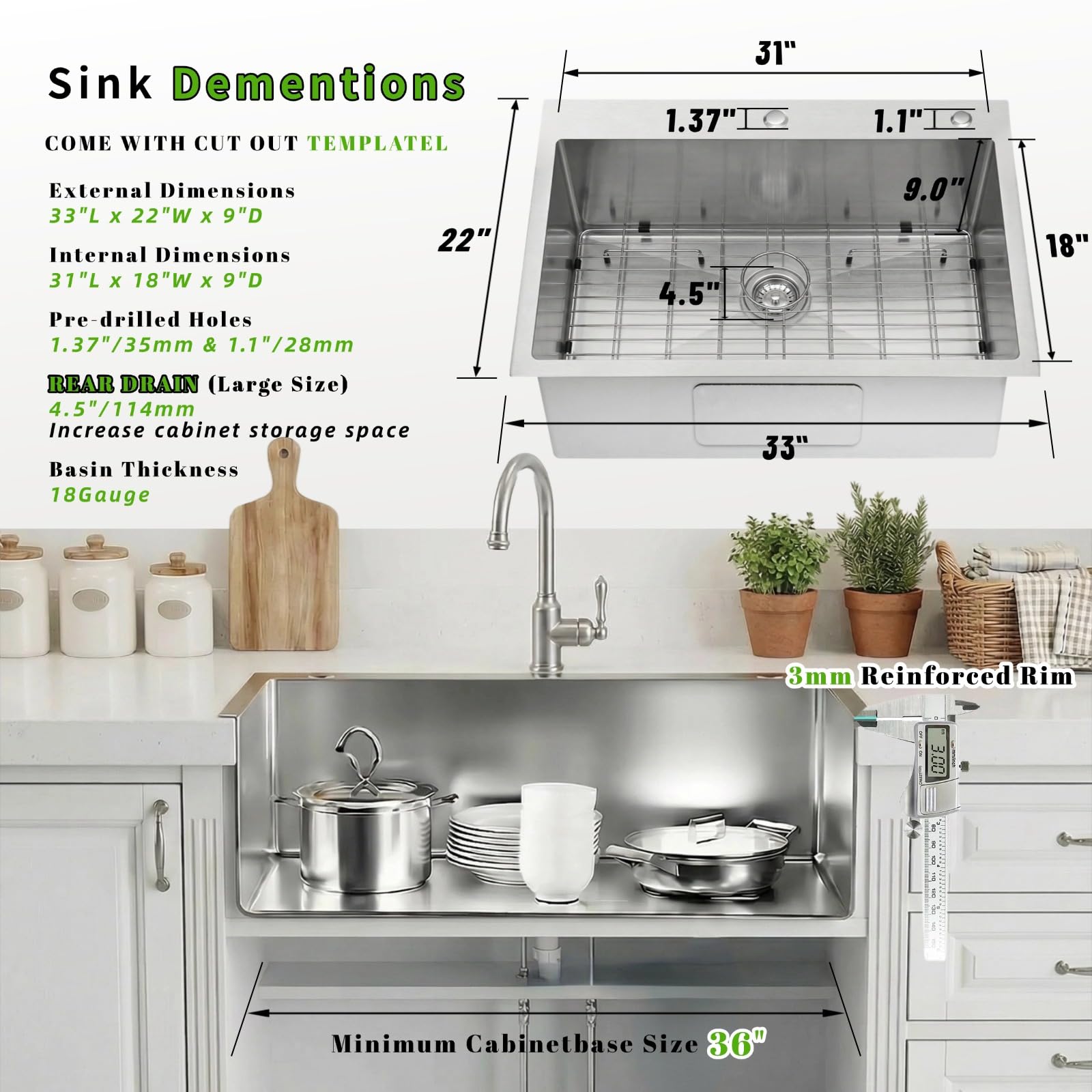 Beleeb Drop-In Sink 33x22 soundproof mat reduces washing noise.