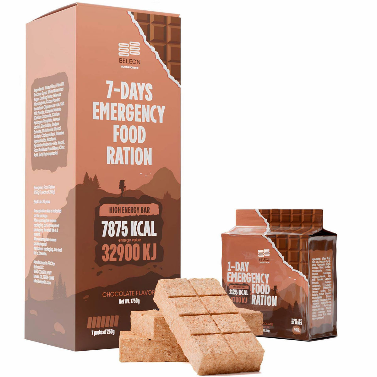 Beleon chocolate survival ration block close-up for quick energy on hikes.