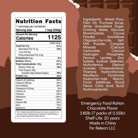 Beleon chocolate survival ration block two close-up highlighting compact emergency nutrition.
