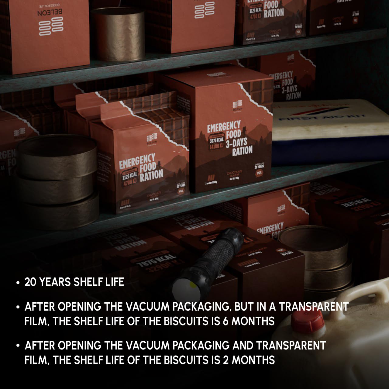 Beleon emergency food pack showing 20-year shelf life for long-term readiness.