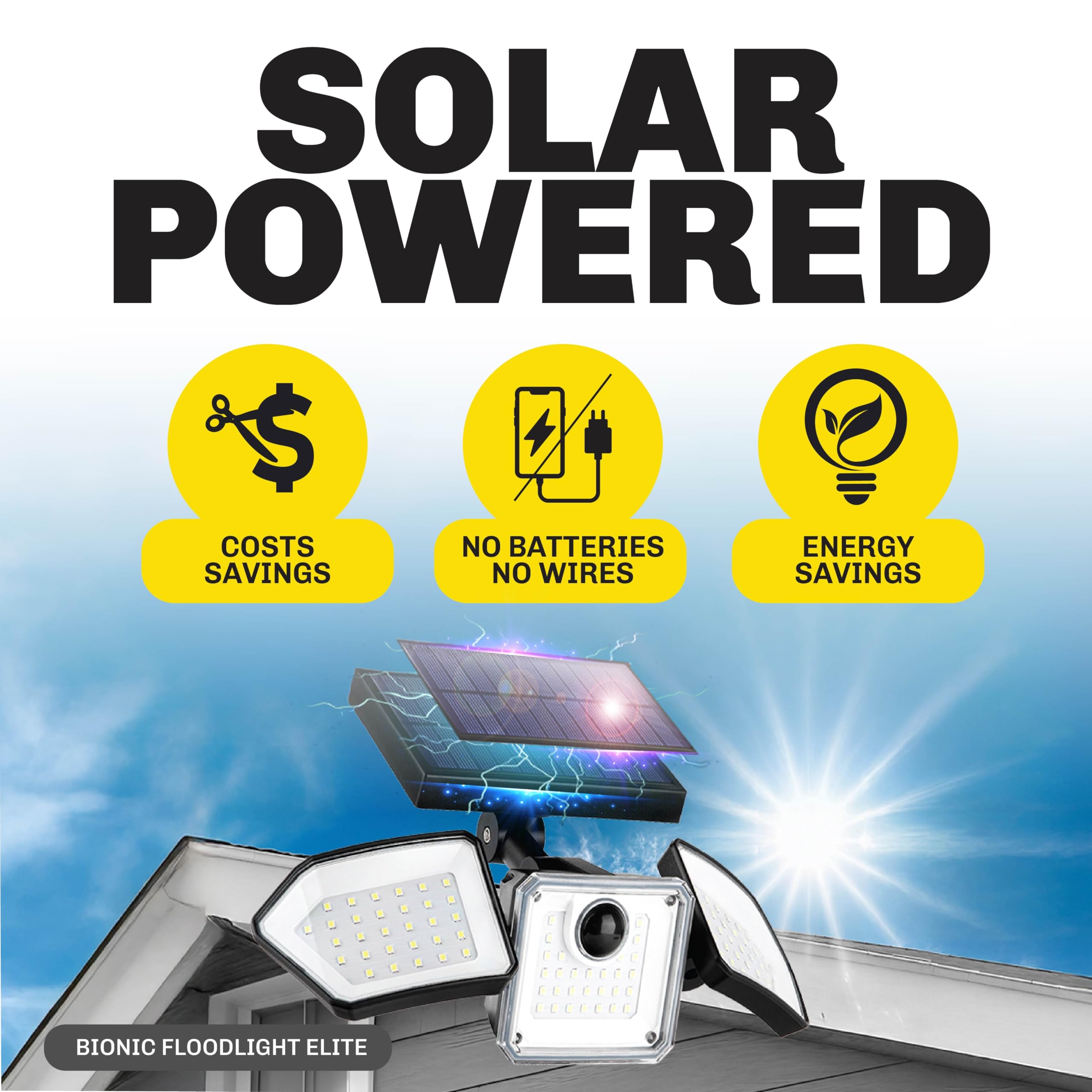 Bell+Howell Bionic Flood Light solar-powered design enables wireless outdoor lighting.