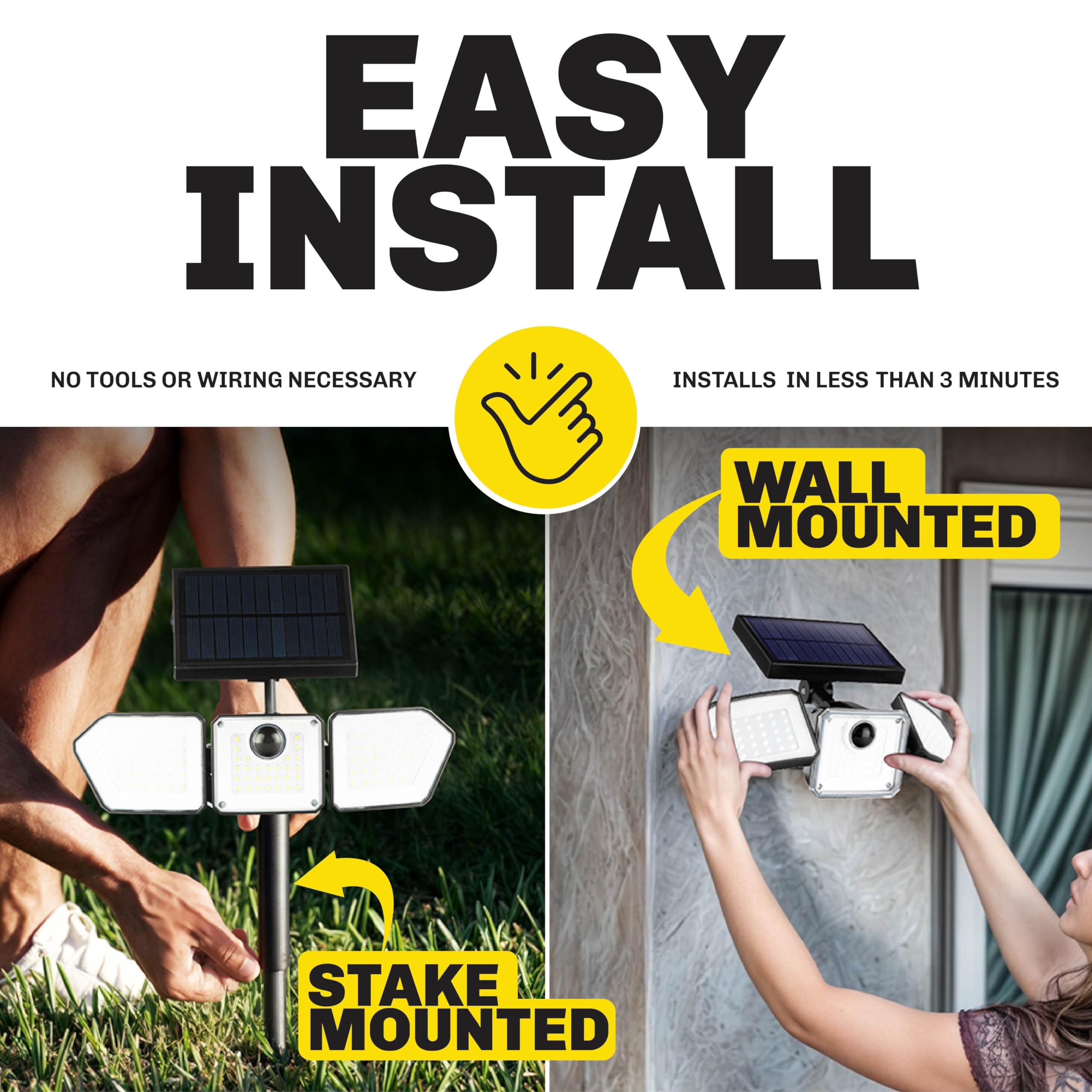 Bell+Howell Bionic Flood Light three-heads-wide-angle setup provides broad illumination.