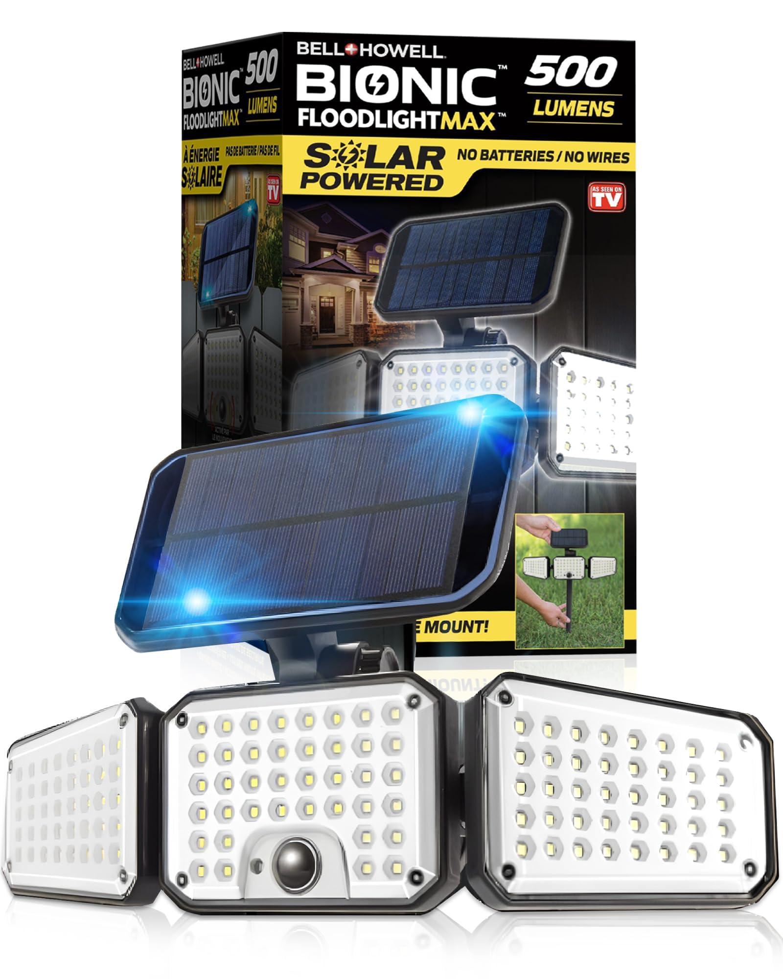 Bell+Howell Bionic Flood Light Max with 360° swivel illuminates wide outdoor areas.