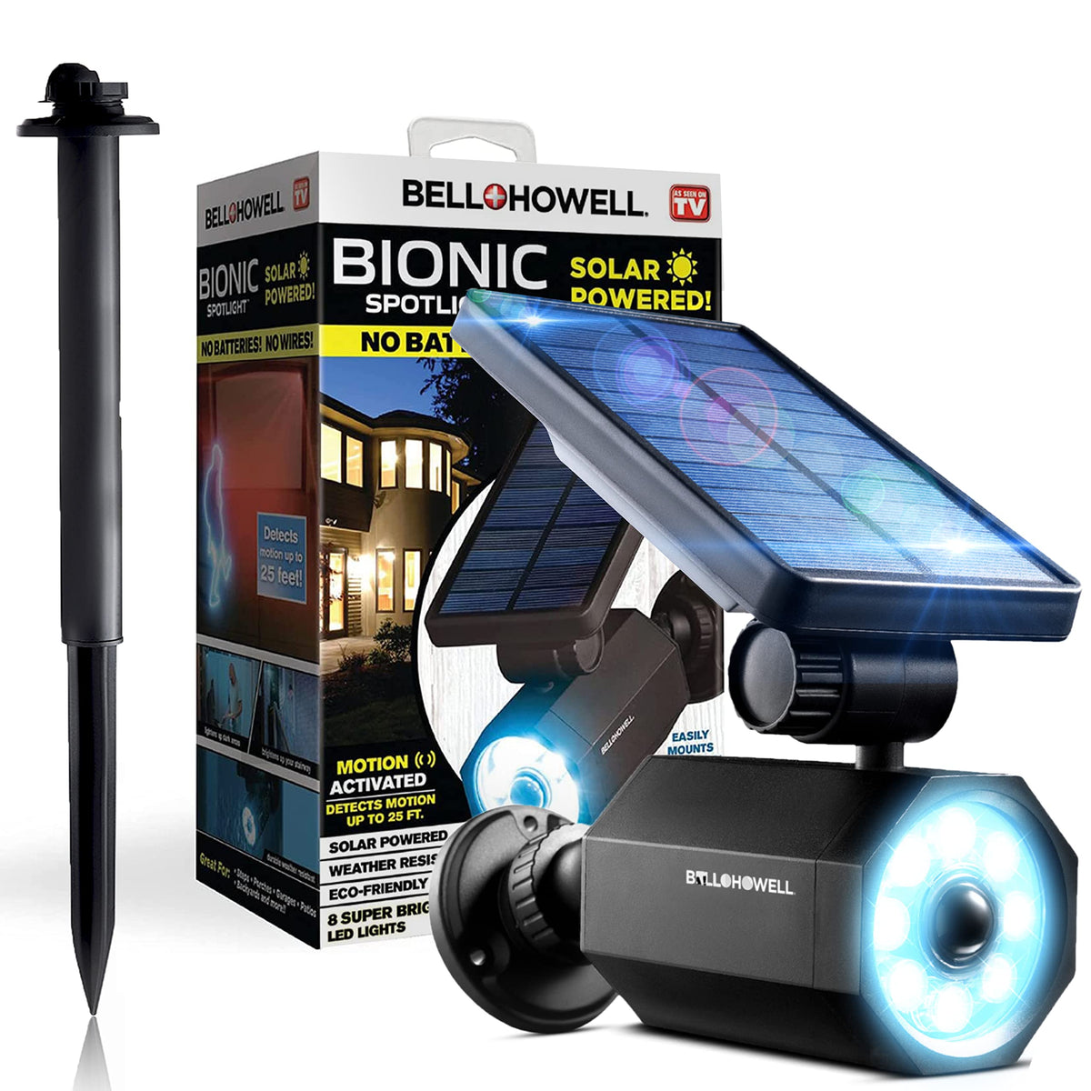 Bell+Howell Bionic Spotlight Deluxe solar panel closeup, showcasing energy capture for overnight lighting