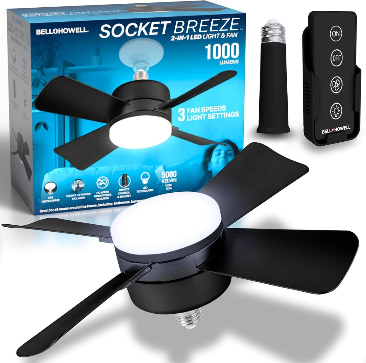 Bell+Howell Socket Breeze Deluxe ceiling fan with LED light for compact spaces