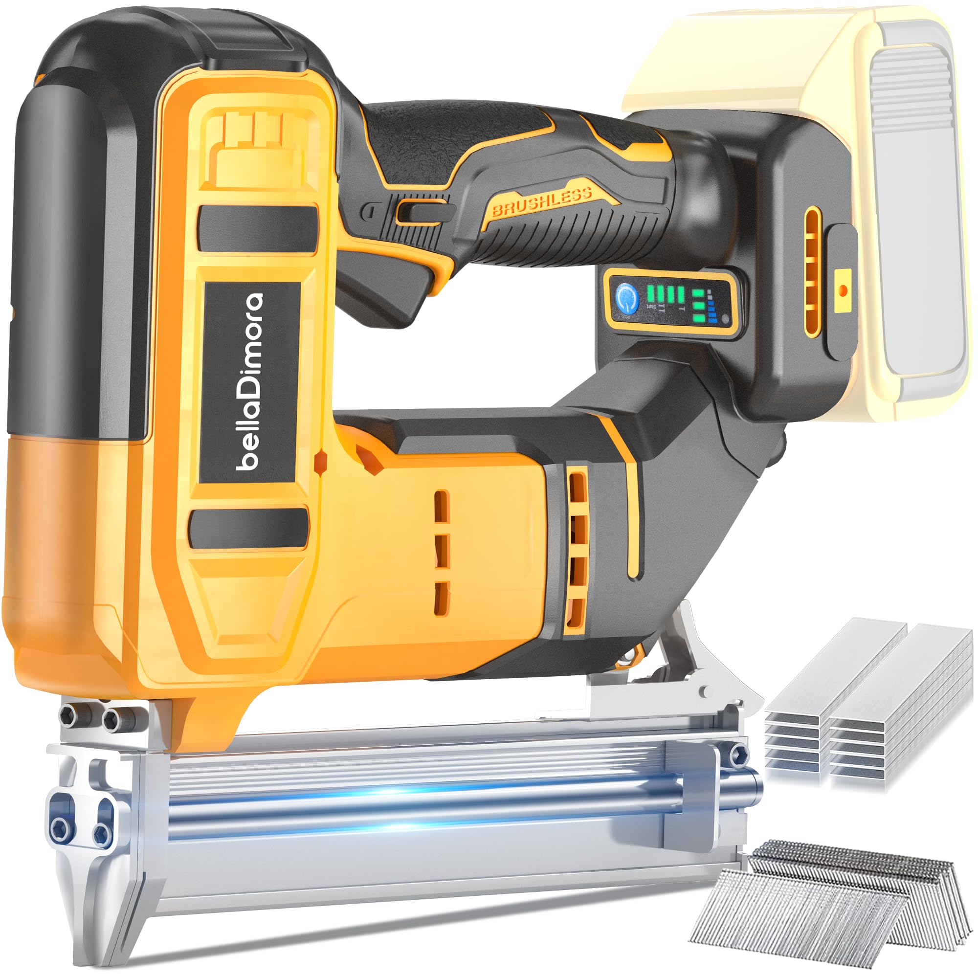 bellaDimora 18ga cordless brad nailer ready for precise trim tasks with DeWalt 20V compatibility.