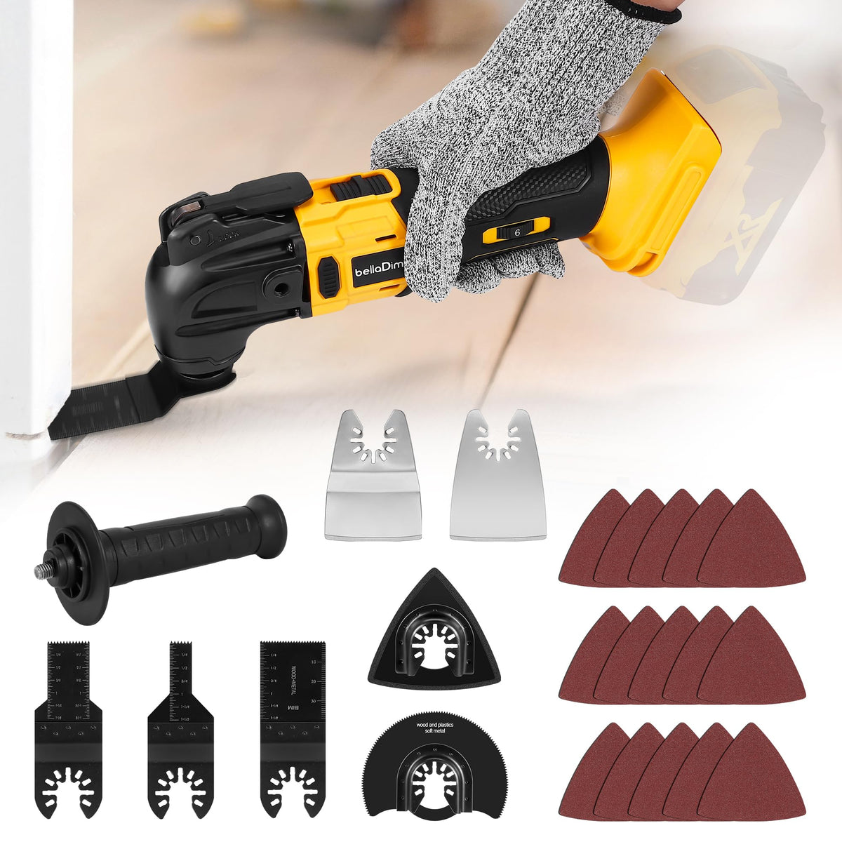 BellaDimora cordless oscillating tool front view showing compact professional design for precise cuts