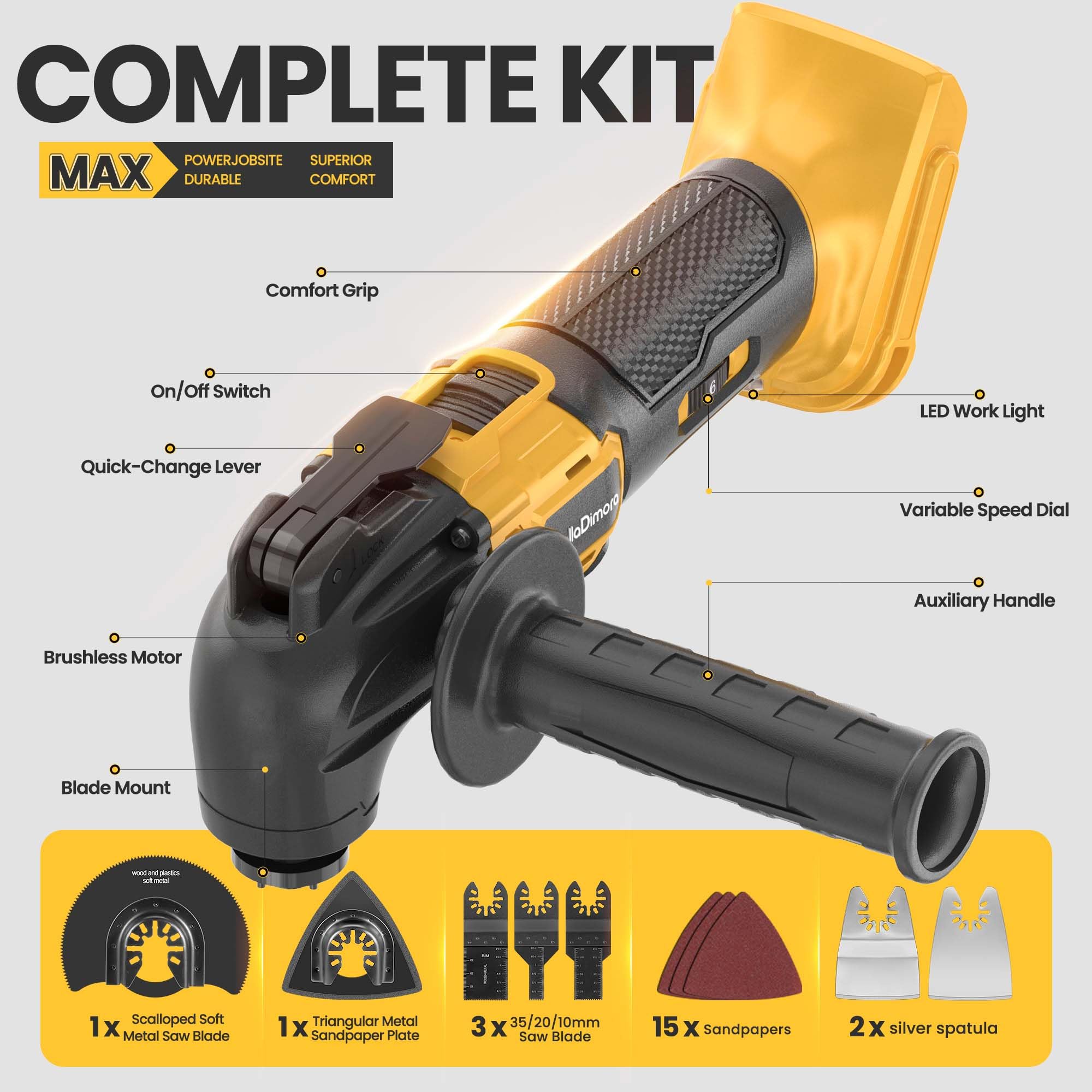 BellaDimora oscillating tool side view shows 6-speed dial for tailored control