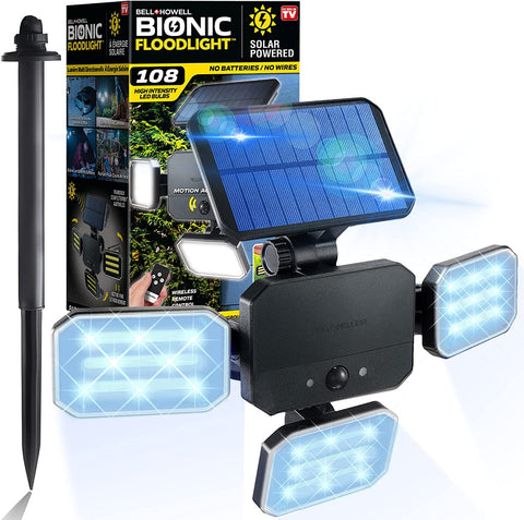 Bell+Howell Bionic Floodlight solar panel illuminates gardens with daylight energy.