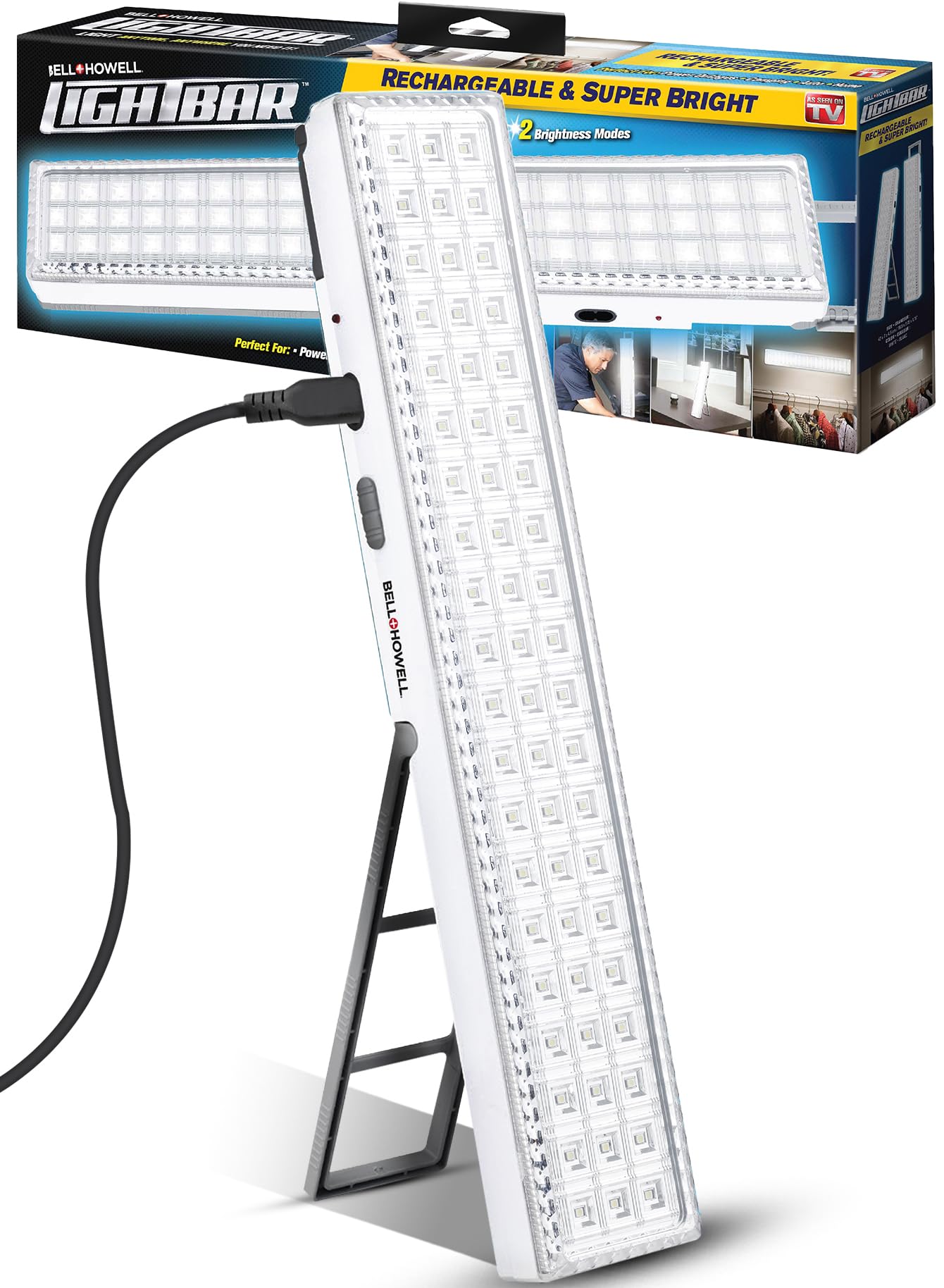 Bell+Howell light bar recharge design shown as a portable power solution during outages.