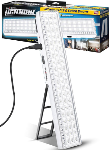 Bell+Howell light bar recharge design shown as a portable power solution during outages.