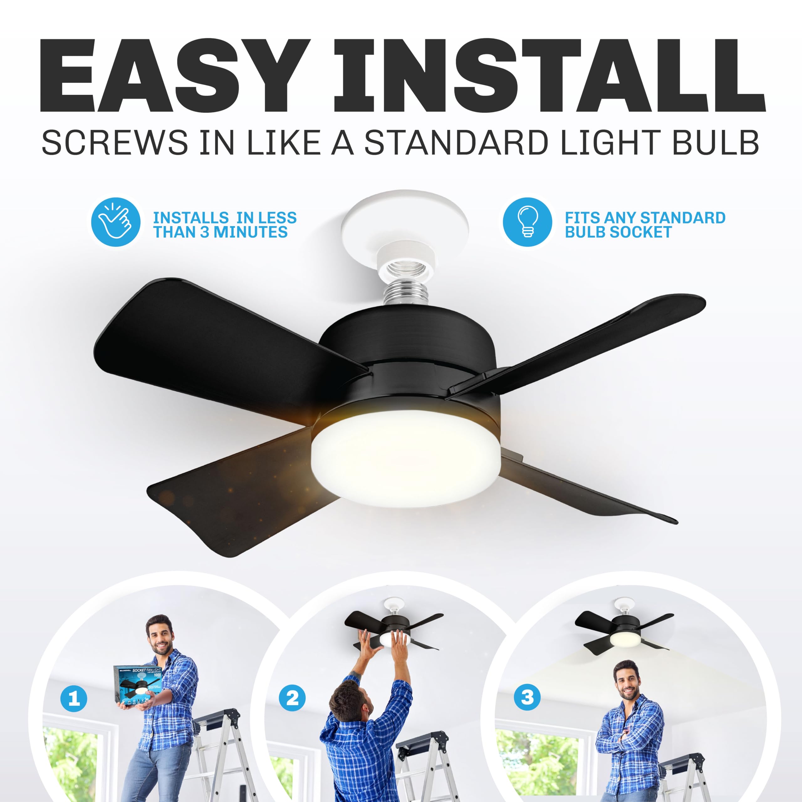 Bell+Howell Socket Breeze remote control enables easy light and speed adjustments.