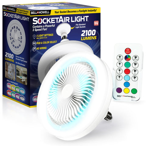 Bell+Howell SocketAir ceiling fan light with remote in a living room for bright, adaptable lighting.
