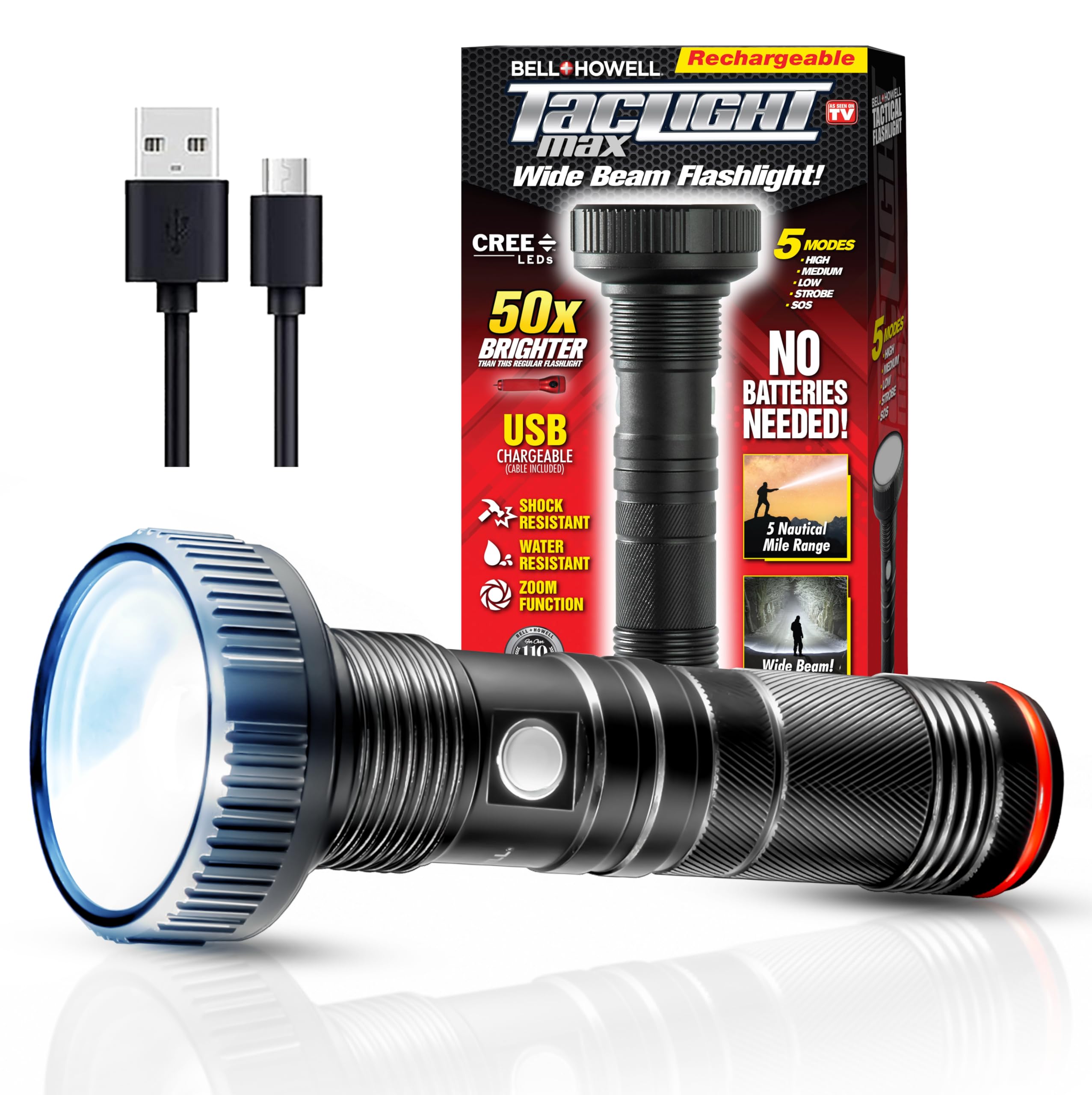 Bell+Howell Taclight Max front view highlights ultra-bright 7000K beam for outdoor tasks.