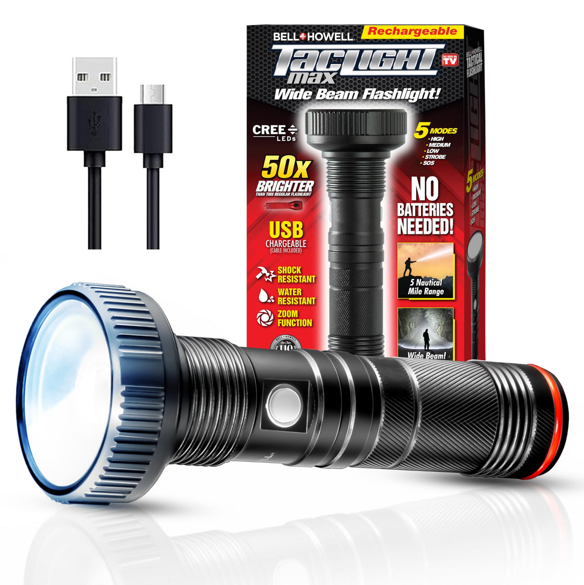 Bell+Howell Taclight Max front view highlights ultra-bright 7000K beam for outdoor tasks.