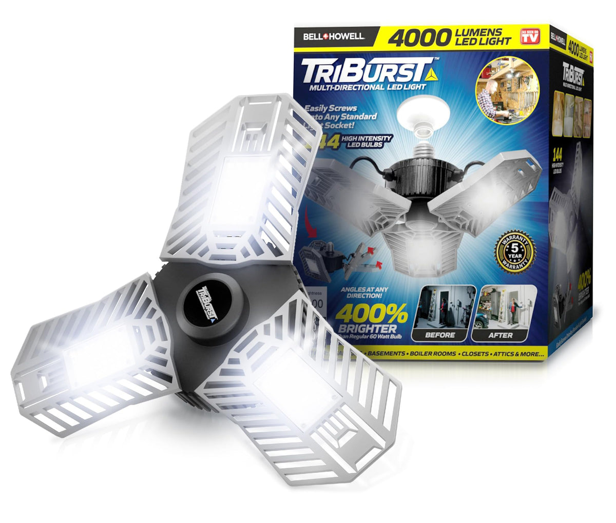 Bell+Howell TRIBURST with 3 deformable panels for adjustable, 360° ceiling illumination.