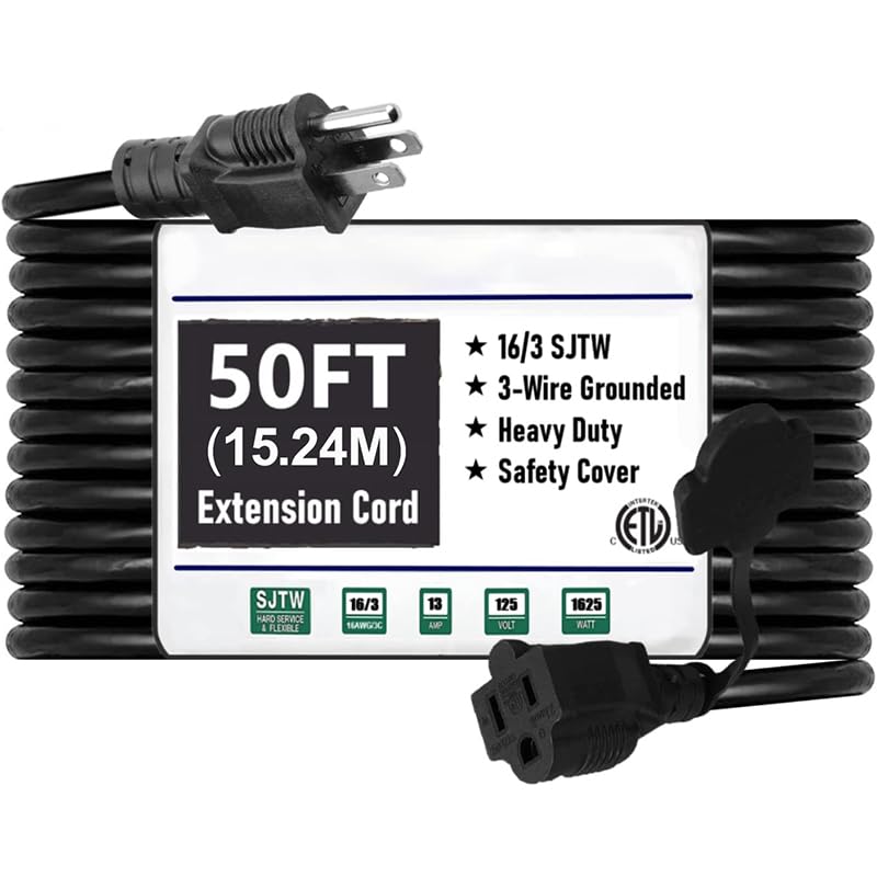 Belllights BLIATLUS 50ft extension cord outdoors with weatherproof SJTW insulation for rain-safe power.