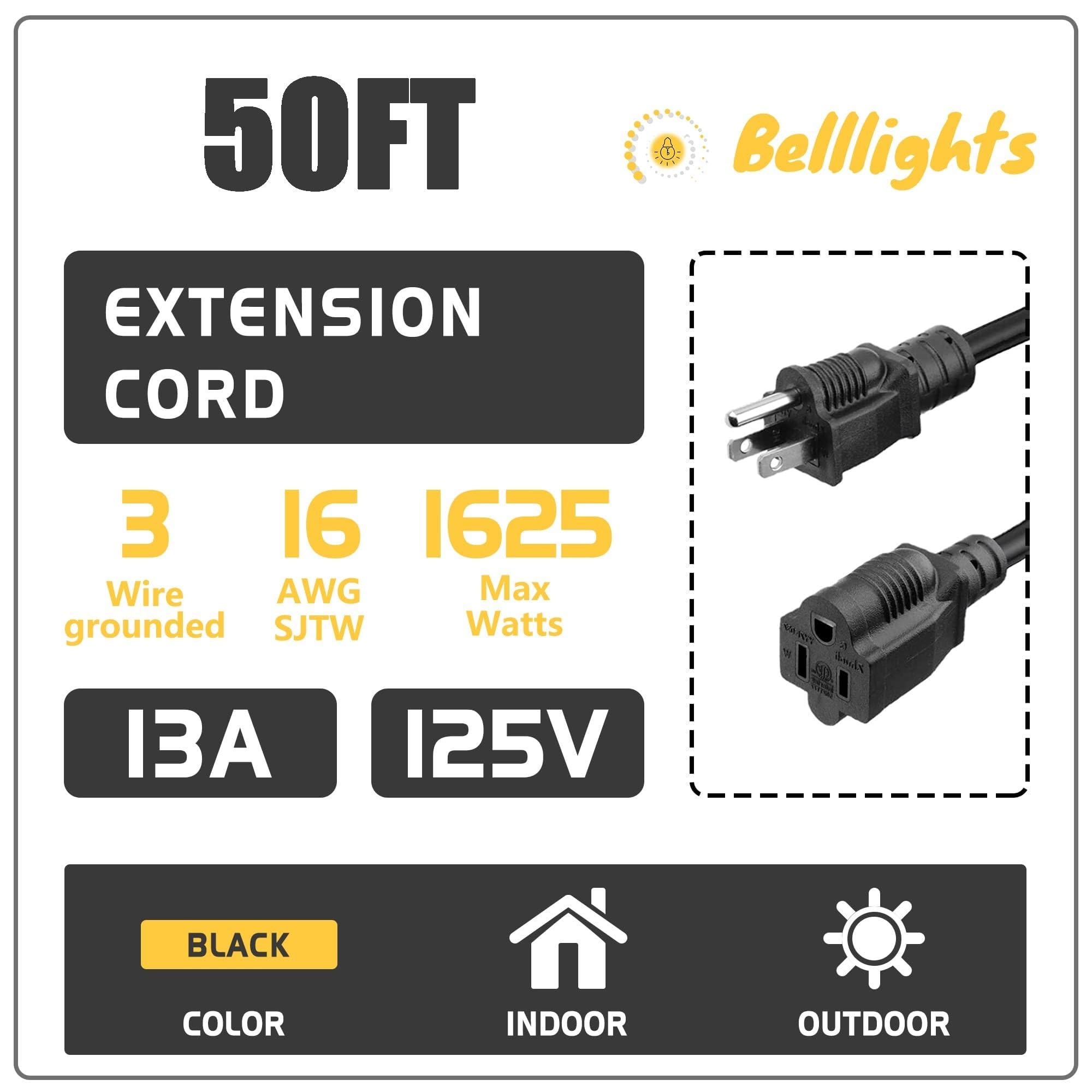 Belllights BLIATLUS extension cord showing weatherproof SJTW jacket resisting sun and rain.