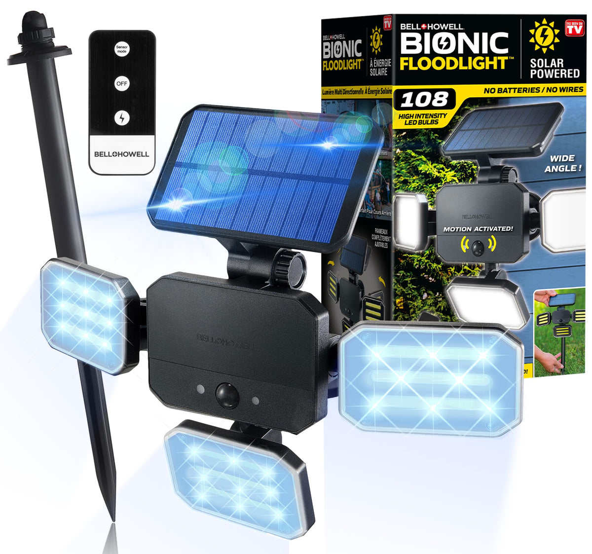 Bell+Howell Bionic Flood Light panel close-up showing 108 COB-LED brightness outdoors