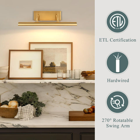 BELS picture light with 270-degree adjustable arms highlights paintings.