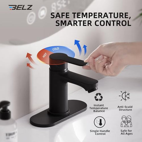 BELZ pop-up drain included with matte black faucet for easy setup.