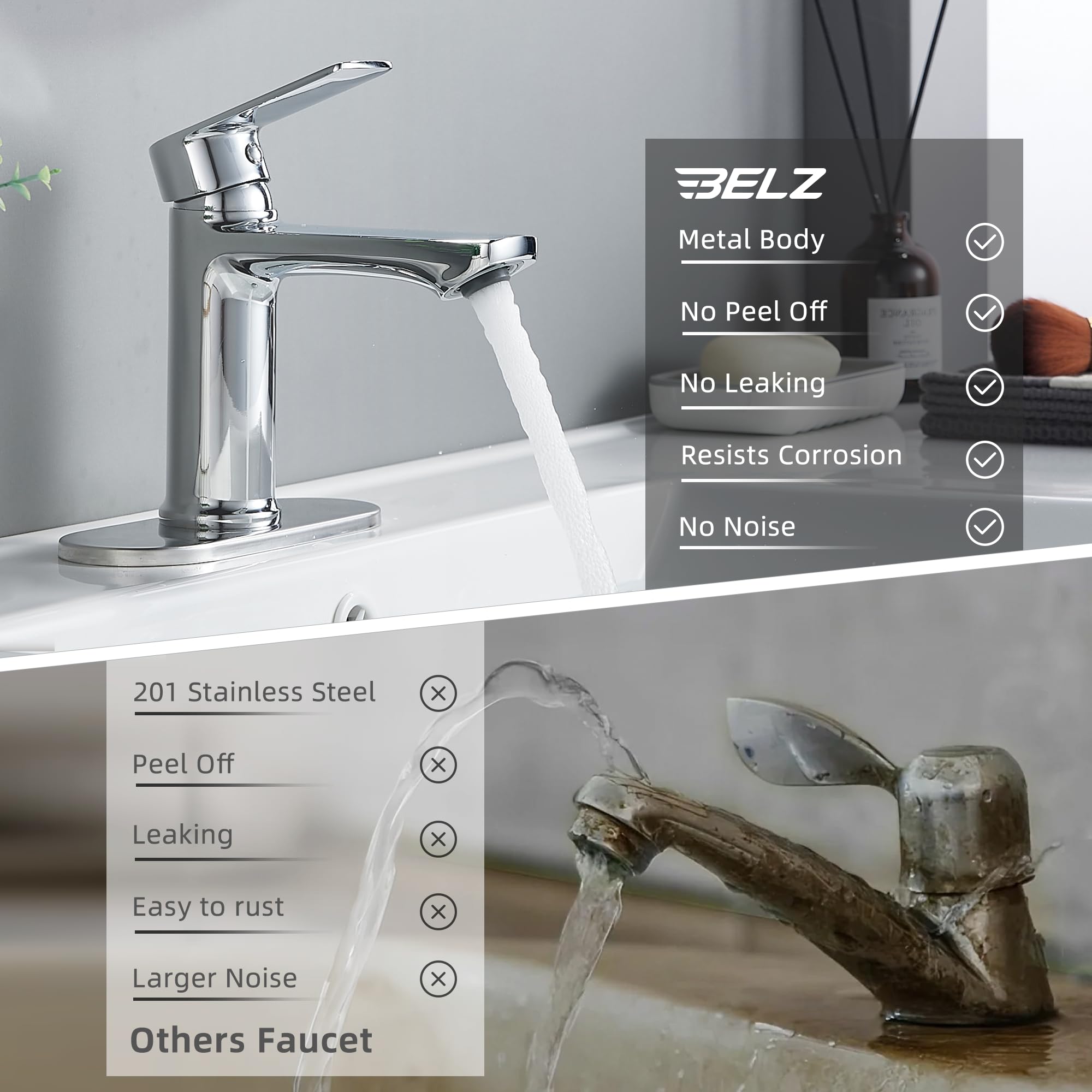 BELZ chrome faucet water flow in a clean bathroom setup