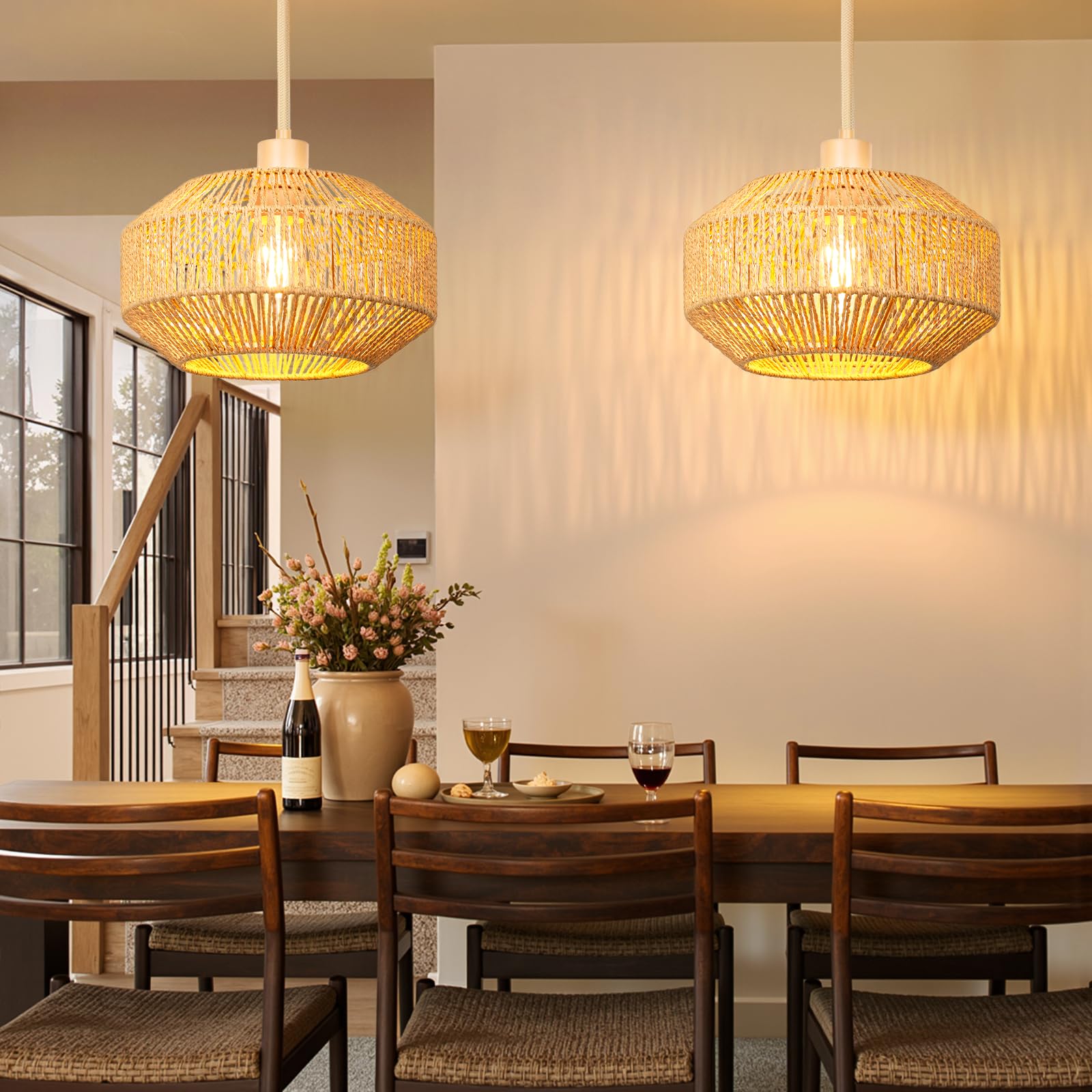 Benaep rattan pendant light cord detail highlighting easy plug-in setup.