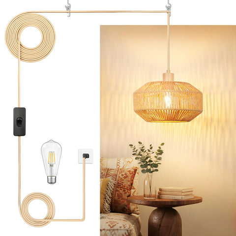 Benaep rattan pendant light shade closeup showing handwoven texture and warm glow.