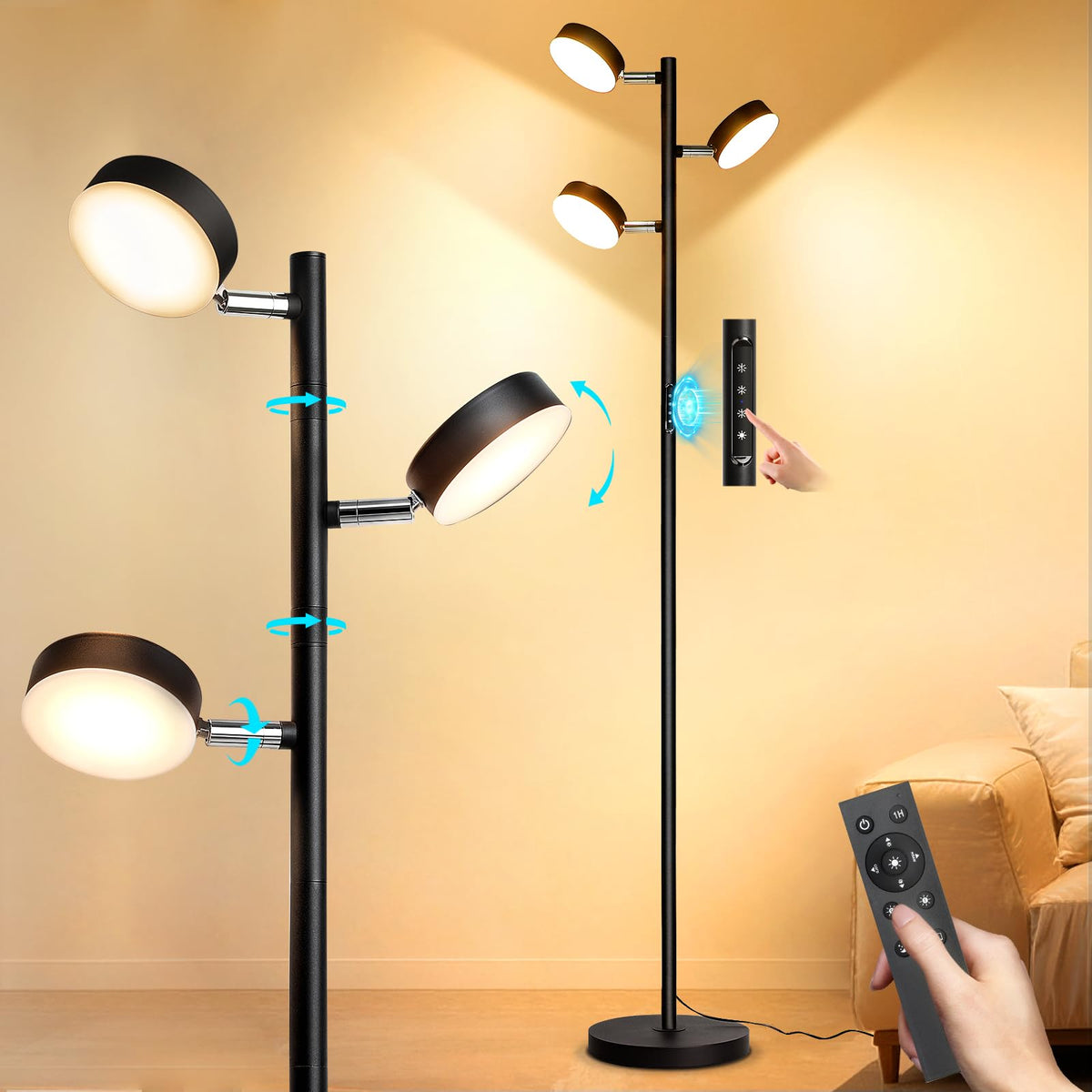 Benaep Tree Floor Lamp three-heads lit for versatile ambient lighting.