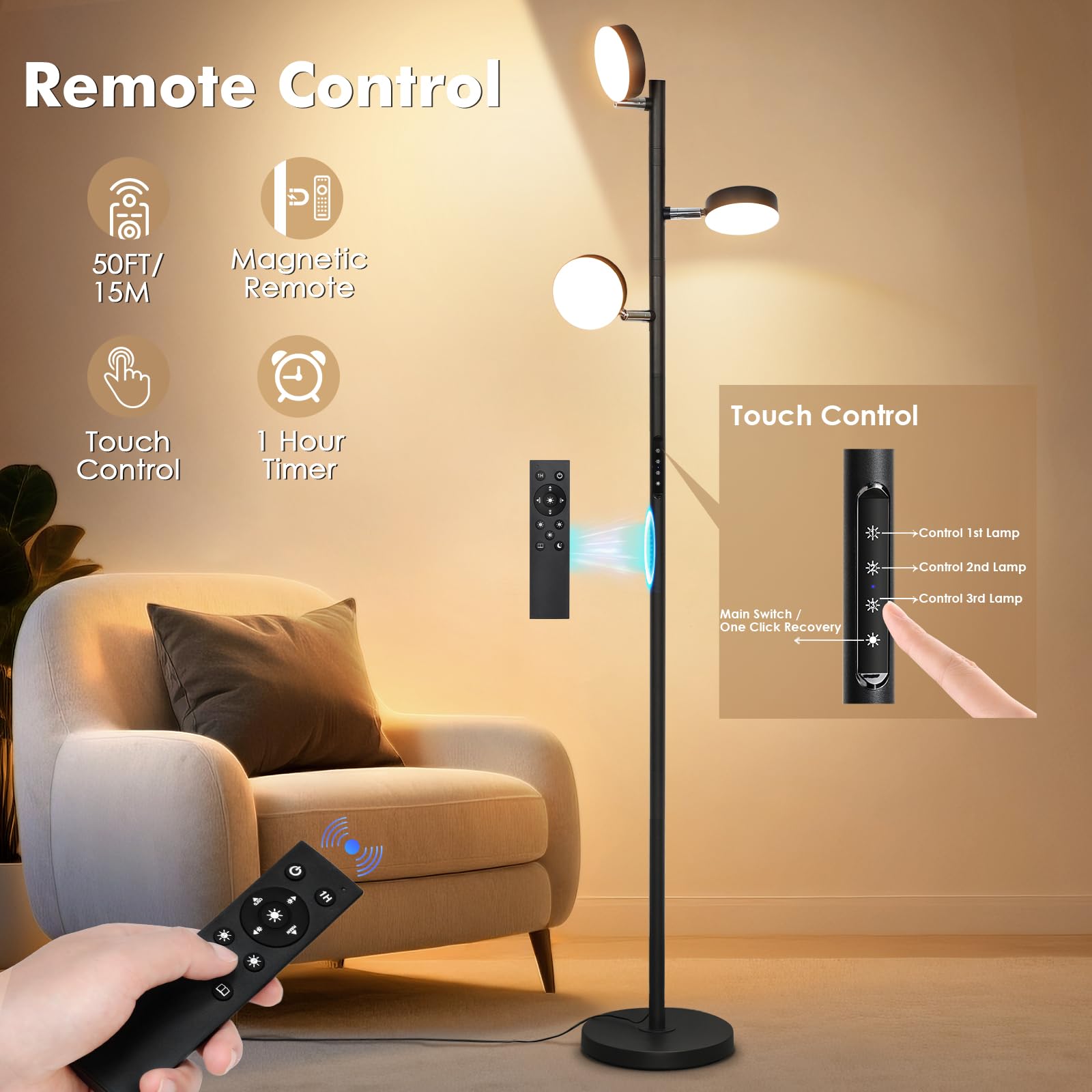 Benaep Tree Floor Lamp remote magnetically stored on the body for easy control.