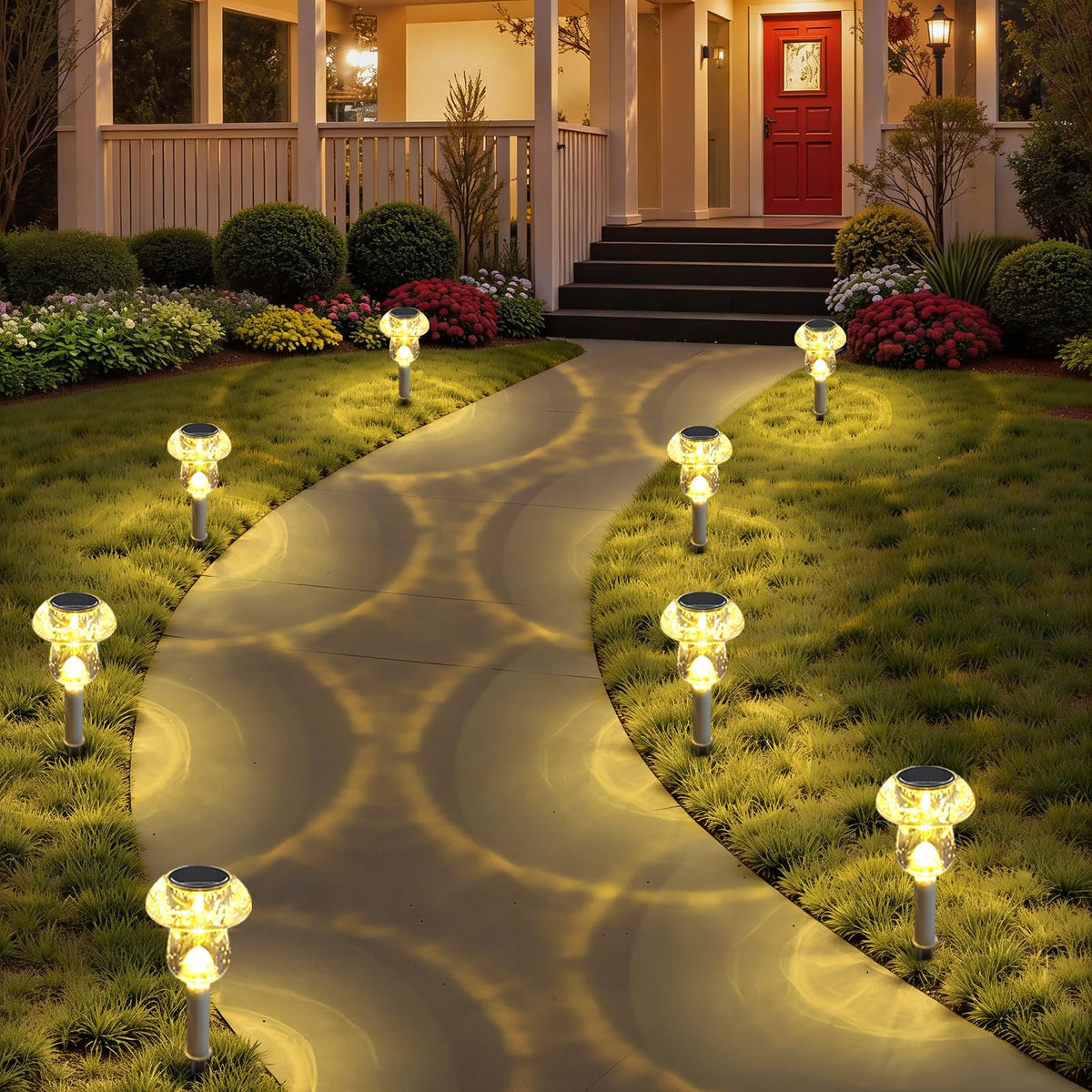 Benany mushroom light pathway illuminates garden path with warm, solar-powered glow.