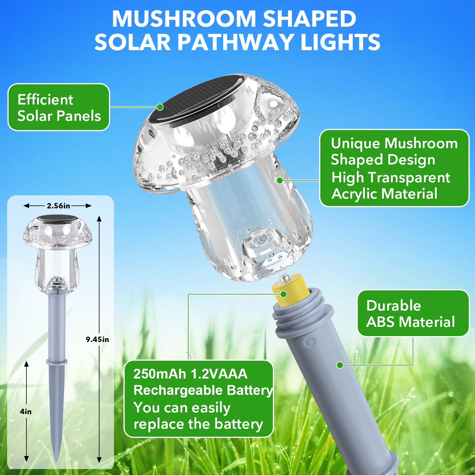 Benany mushroom light patio accent adds inviting, solar-lit ambiance after sunset.