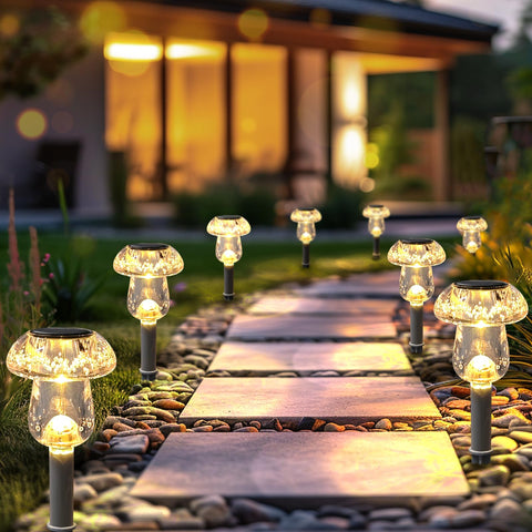 Benany mushroom light borders glow softly, highlighting garden edges.
