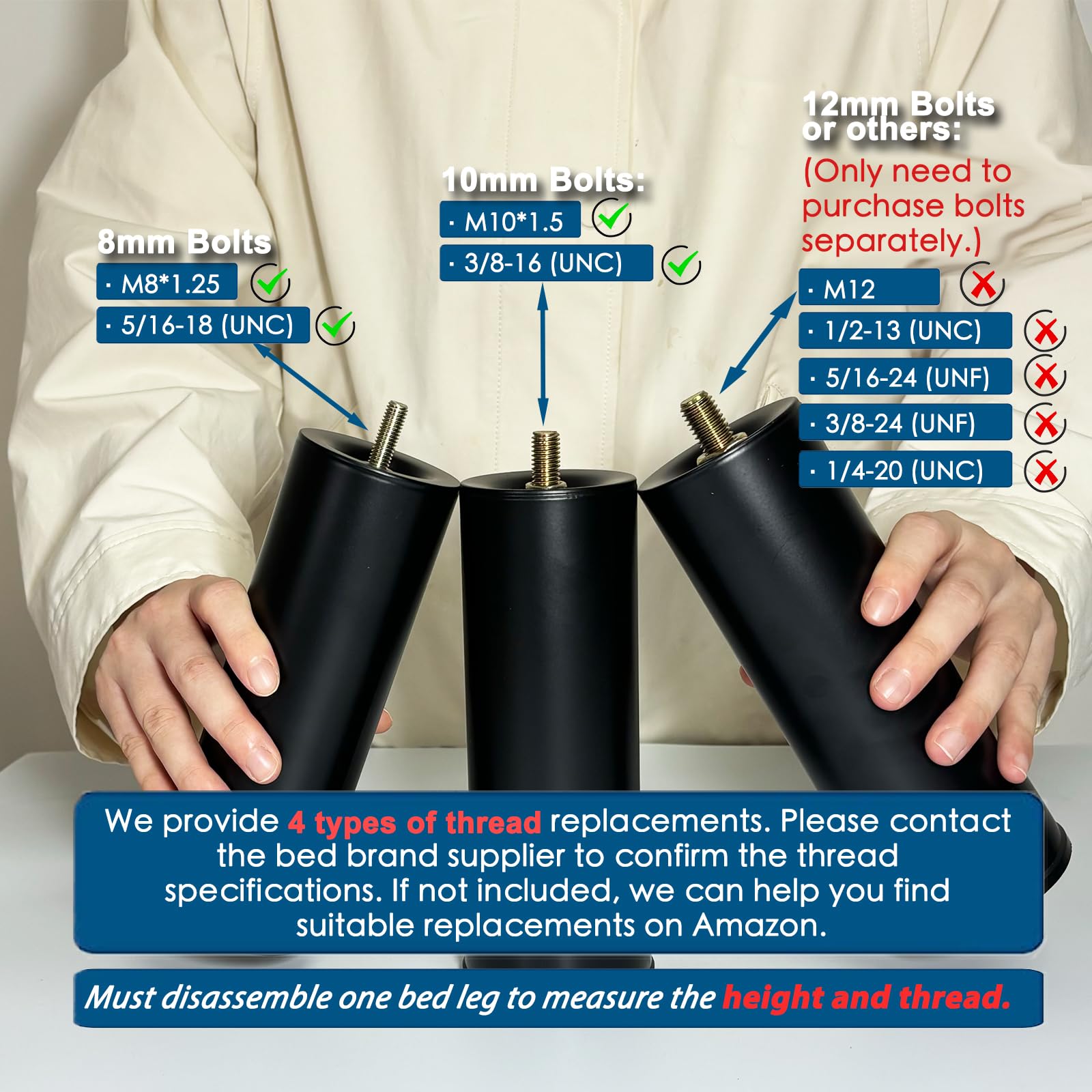 Benbuoo black leg on bed frame showing M8-M12 compatibility.