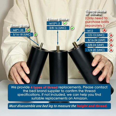 Benbuoo black leg on bed frame showing M8-M12 compatibility.