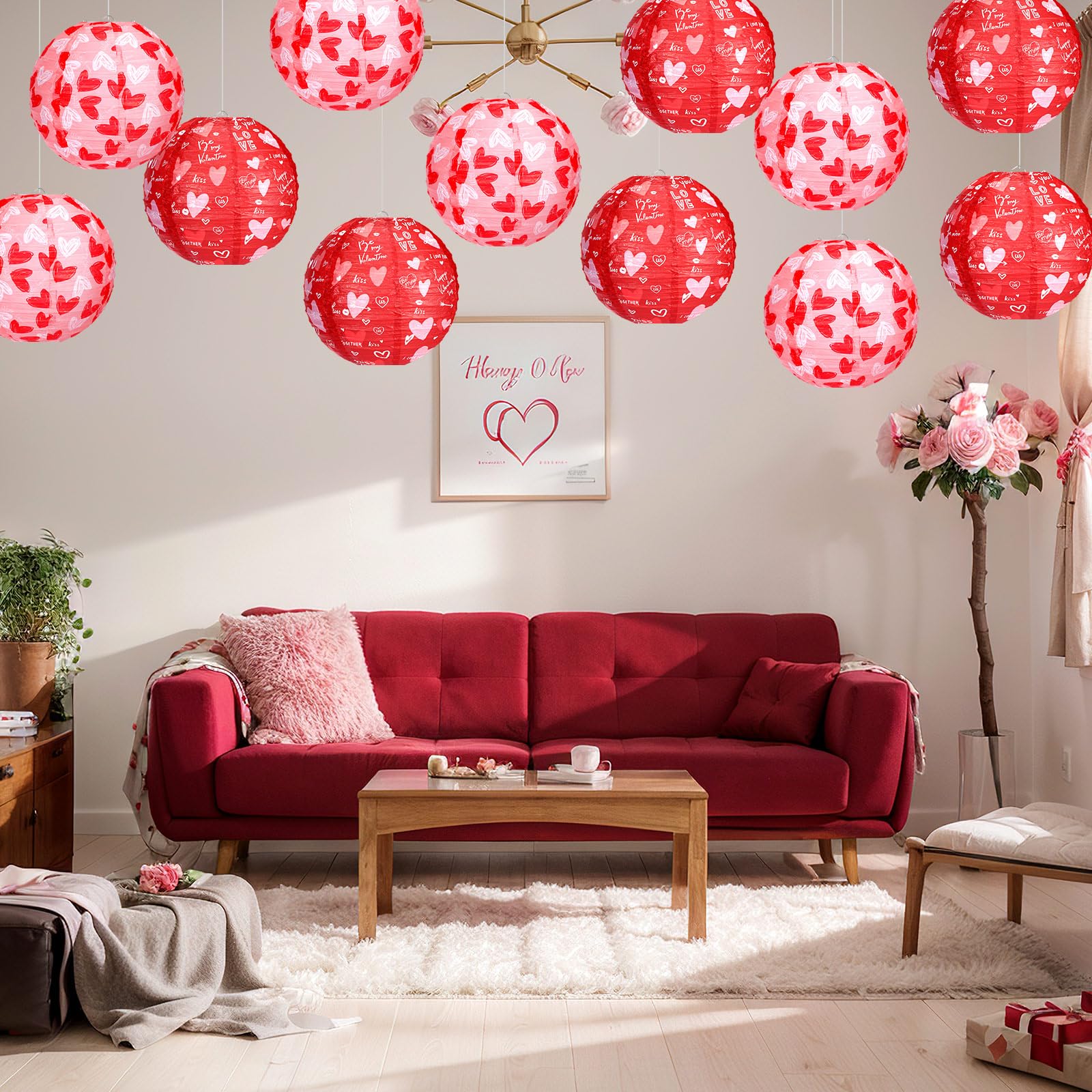 Bencailor heart-lantern decor enhances Valentine party spaces.