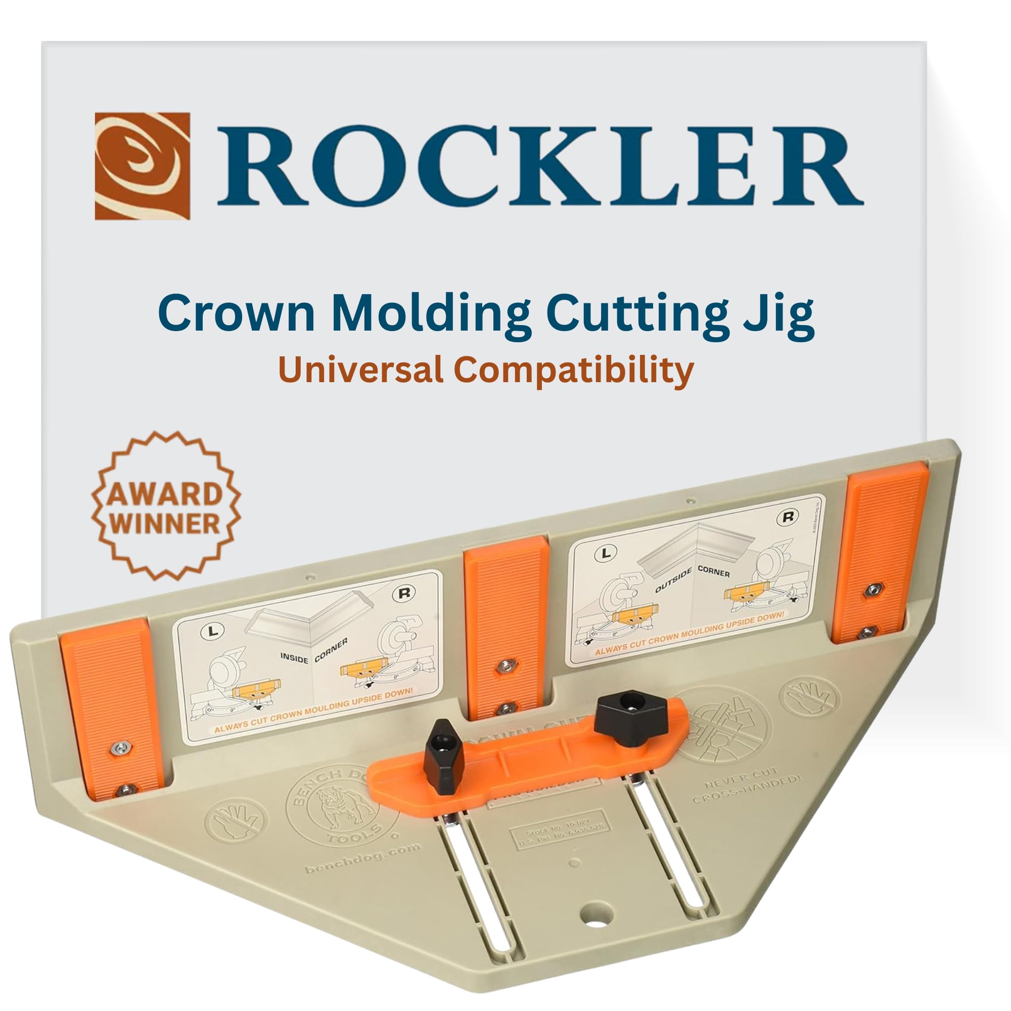 Bench Dog Cut Crown Molding Jig angle setting highlights adjustable setup for accurate cuts.