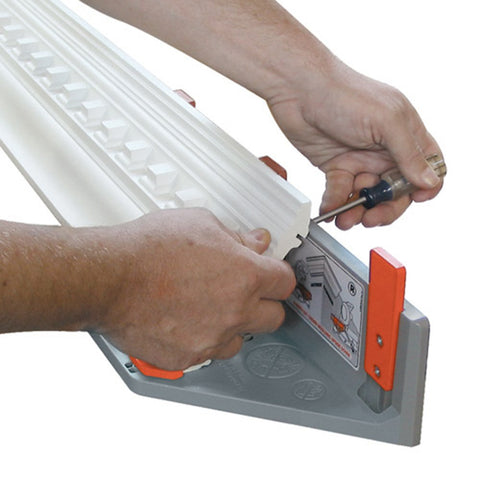 Bench Dog Cut Crown Molding Jig fence risers illustrate secure crown support during cuts.