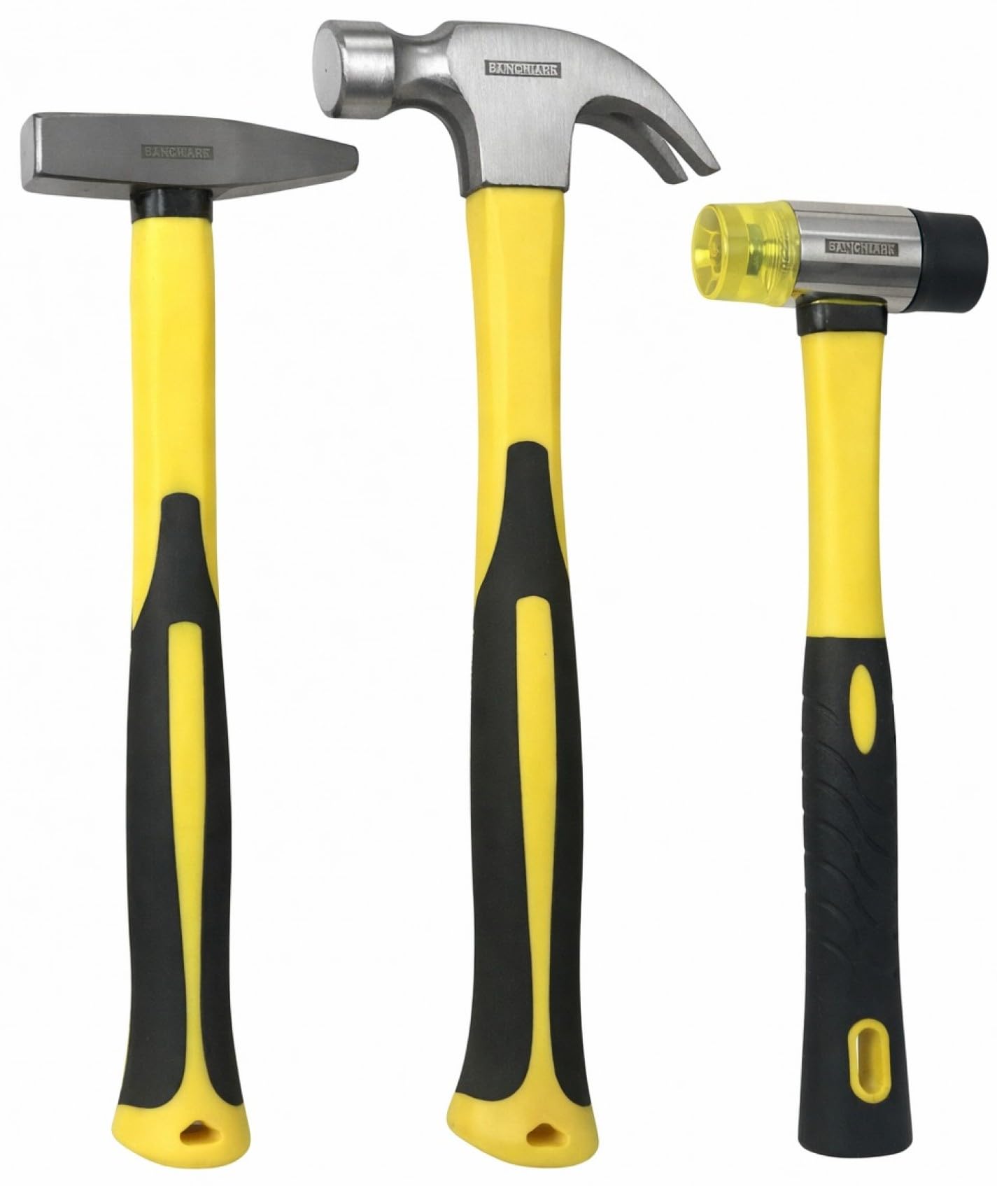 Benchmark 3-piece hammer set product shot showcasing versatile toolkit for home projects.