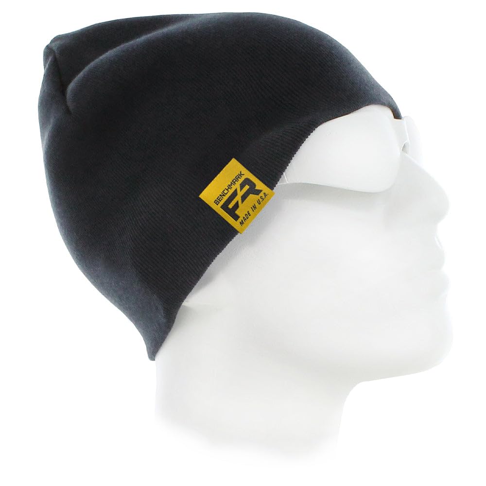 Benchmark FR black skull cap, side view, breathable knit for wind protection.
