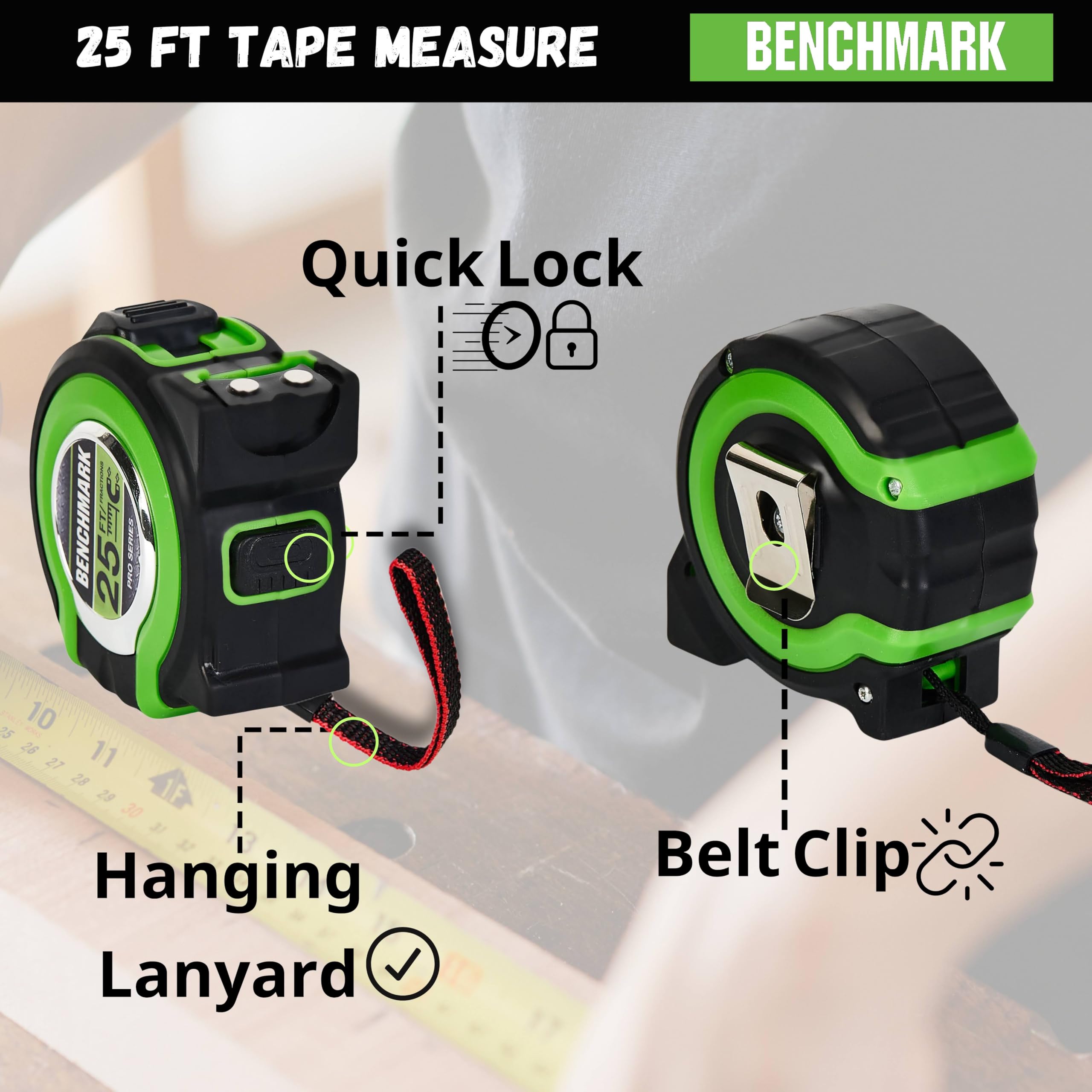 Benchmark 25 ft tape with tough ABS shell for durable, grippable handling.