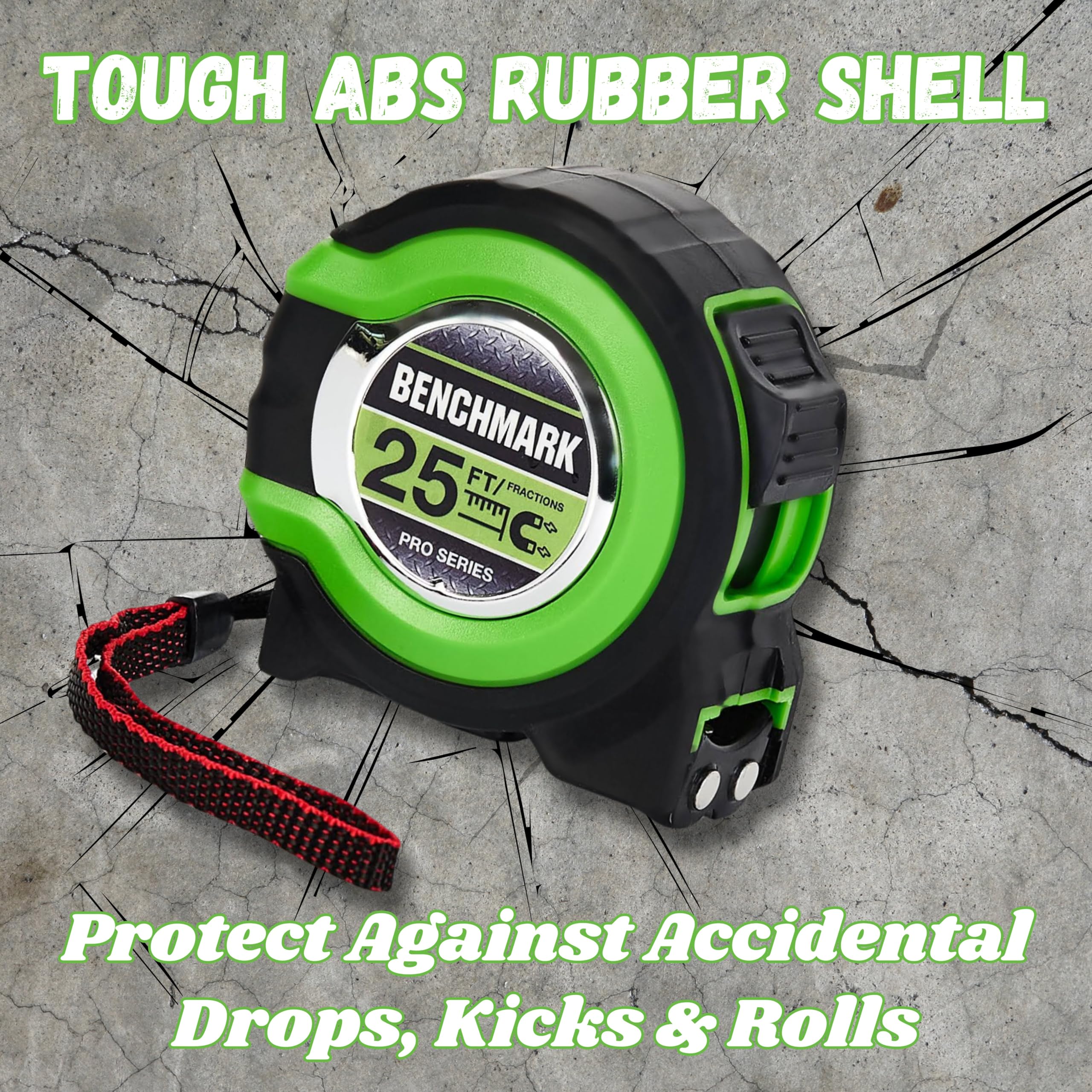 Benchmark tape measure shows fractions down to 1/8 inch for quick, accurate cuts.