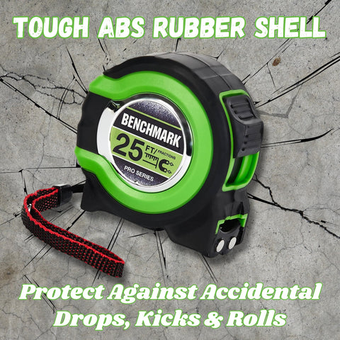 Benchmark tape measure shows fractions down to 1/8 inch for quick, accurate cuts.