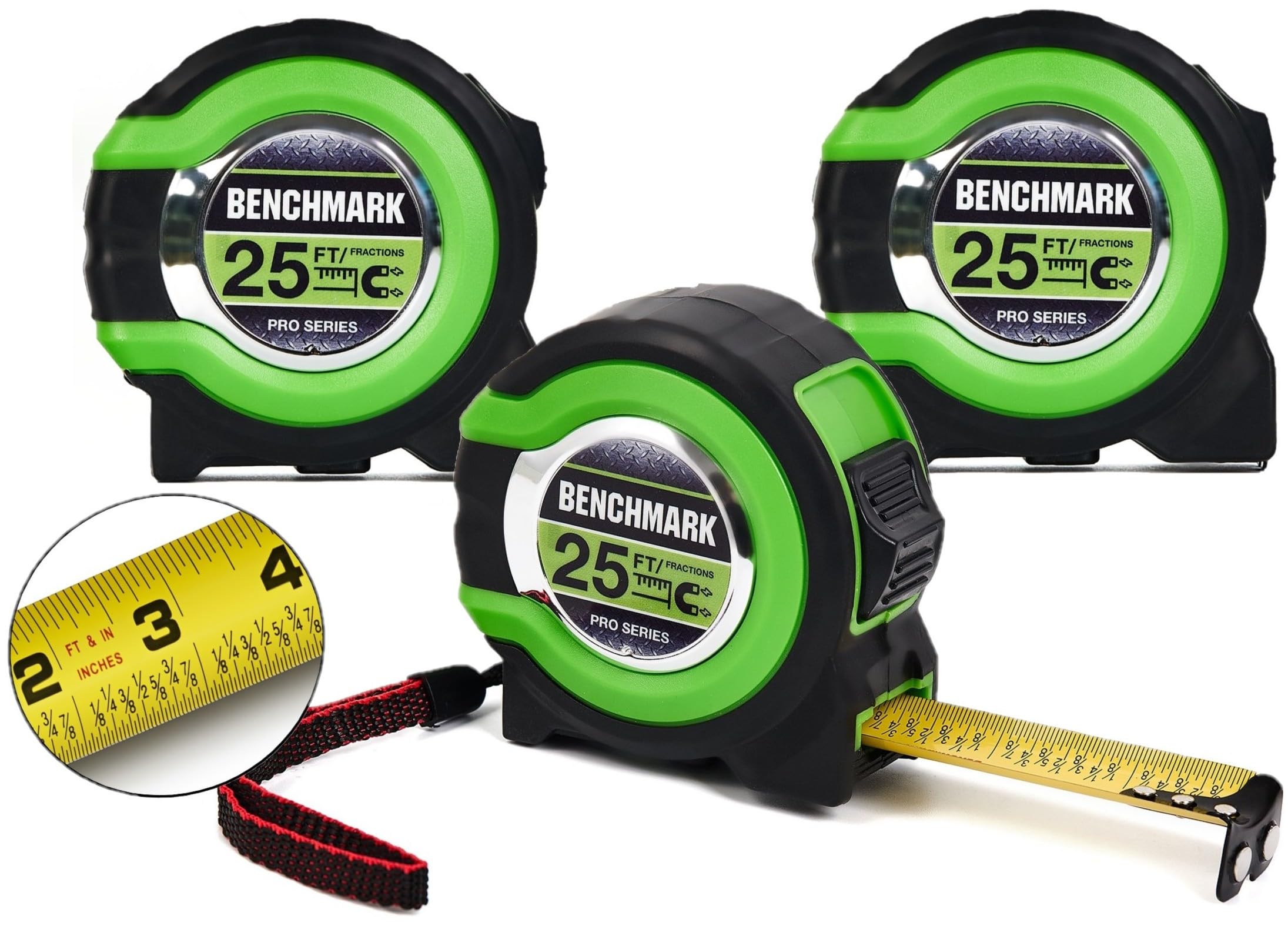 Benchmark 25 ft tape measure with magnetic tip for stable metal measurements.